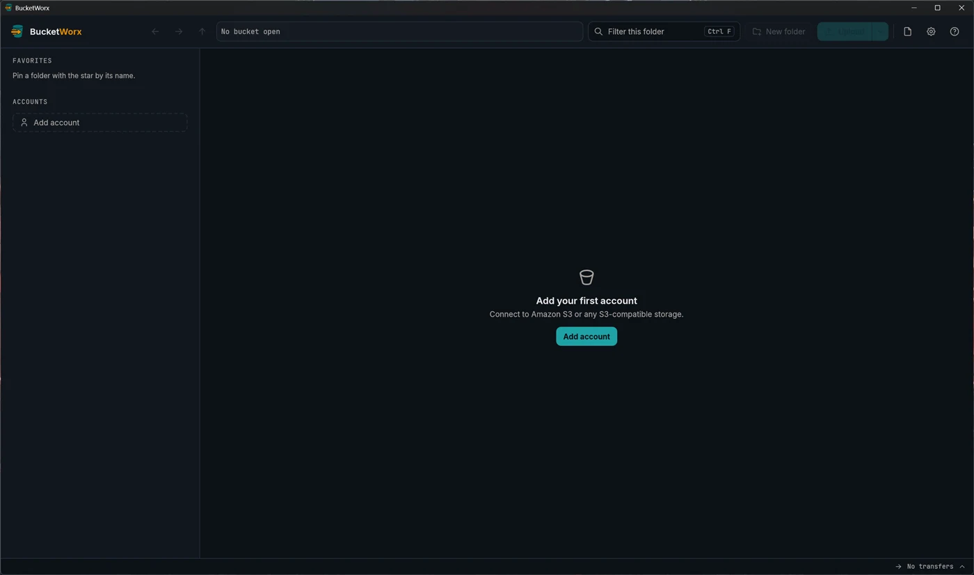 The BucketWorx window before any account is added, with an Add your first account button in the middle.
