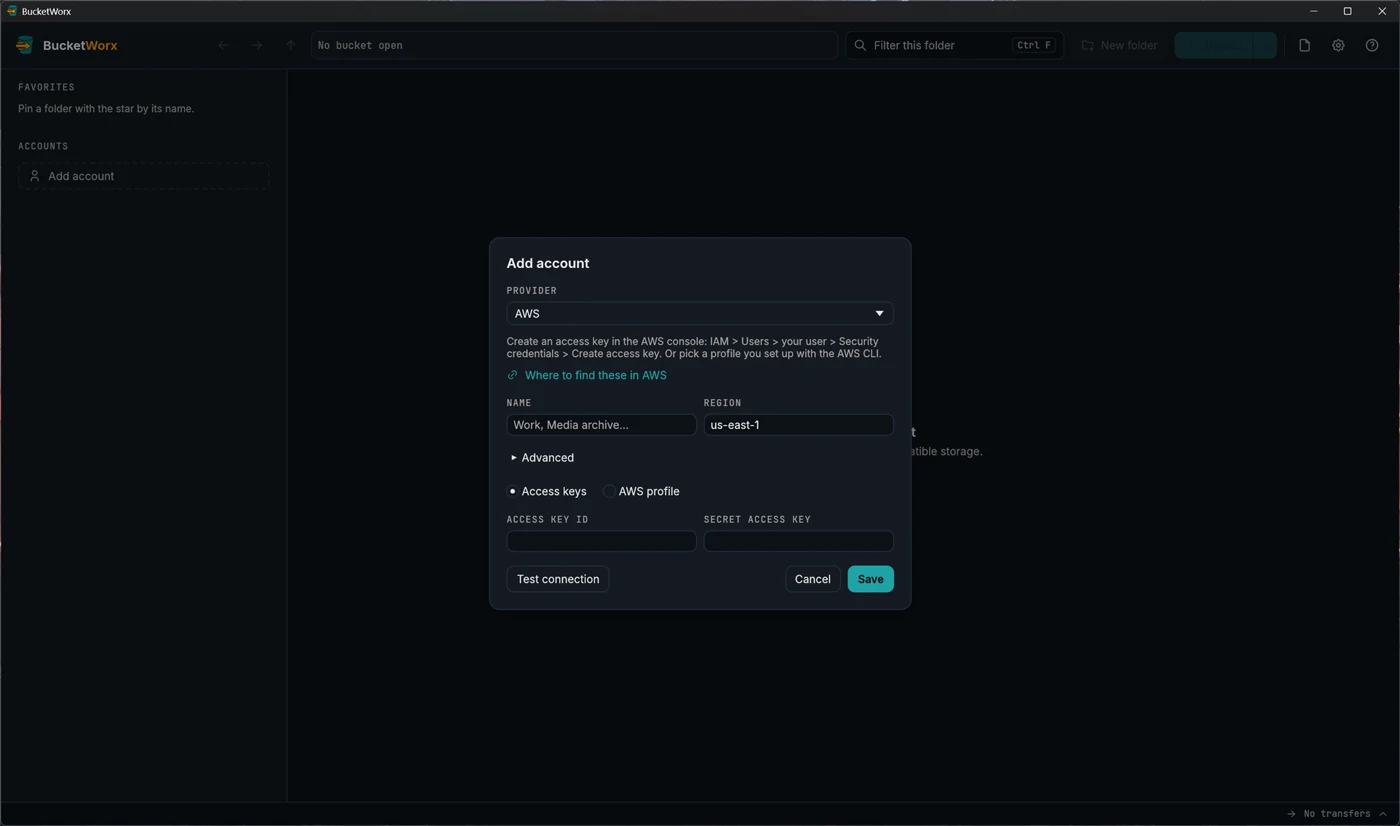 The Add account form with AWS chosen: name, region, advanced settings, and access key ID and secret key fields.