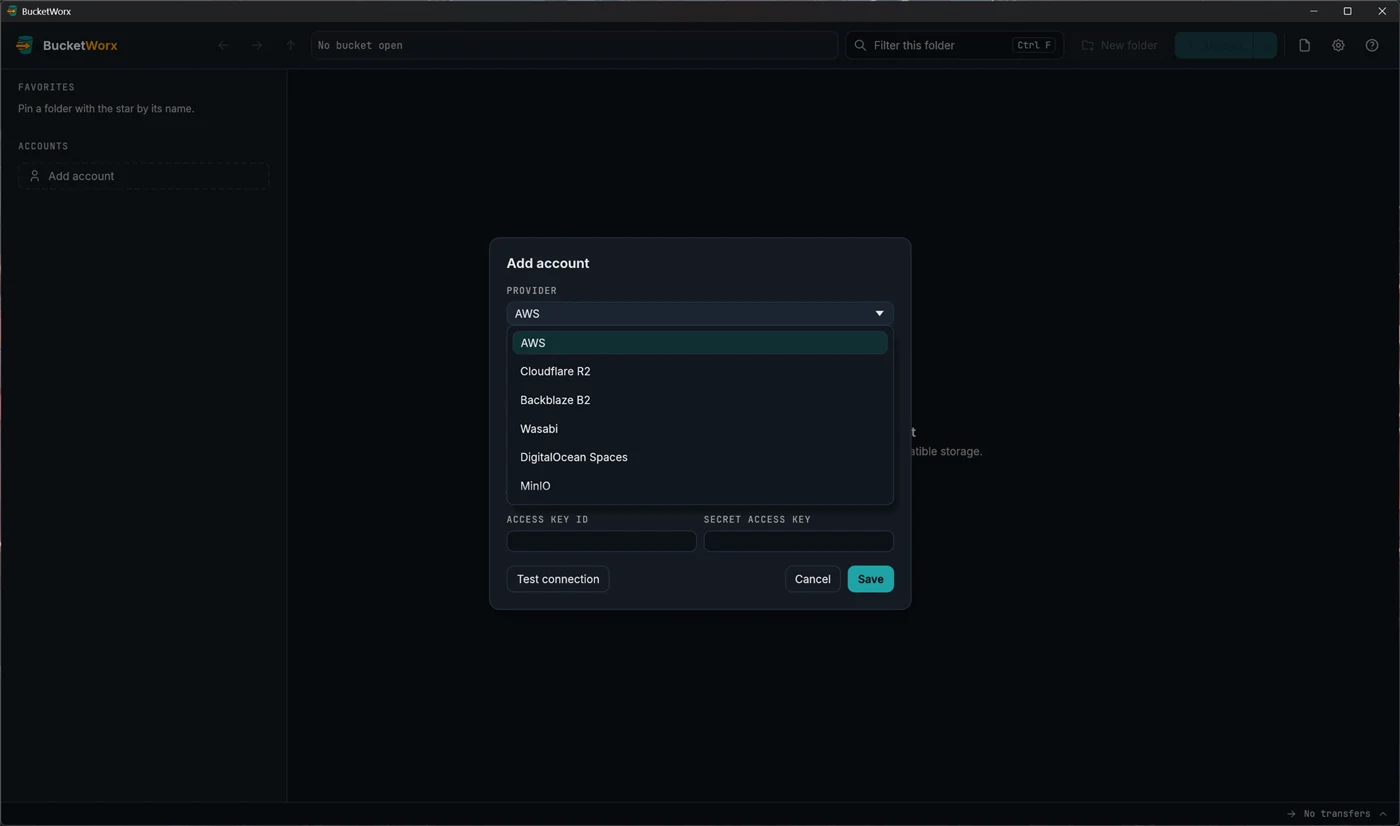 The Provider drop-down in the Add account form, listing AWS, Cloudflare R2, Backblaze B2, Wasabi, DigitalOcean Spaces and MinIO.