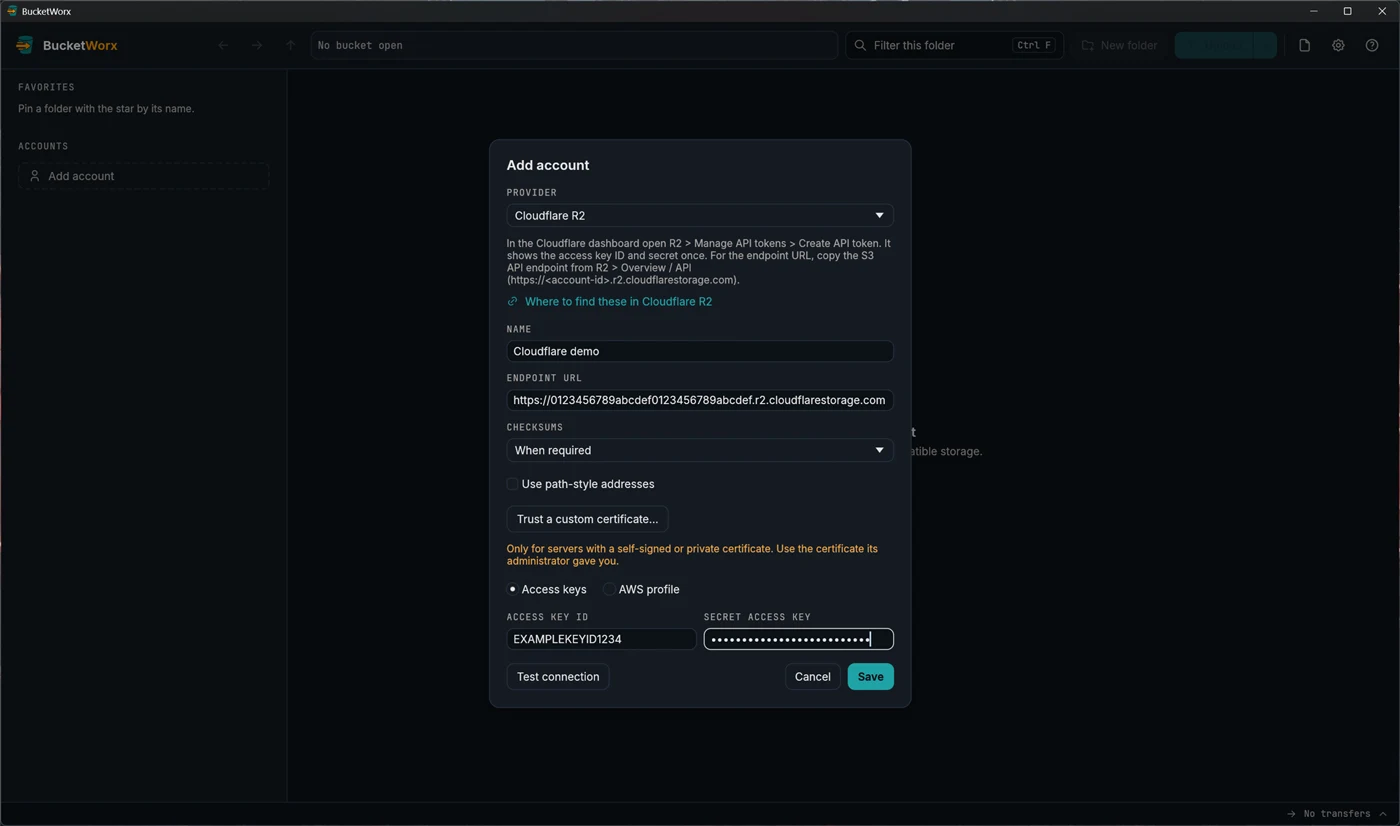 The Add account form with Cloudflare R2 chosen, showing the endpoint URL field filled with an example address.