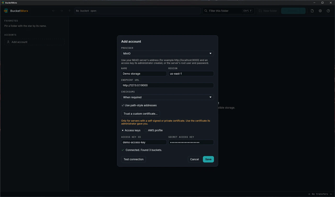 The Add account form after Test connection, showing the message Connected. Found 3 buckets.