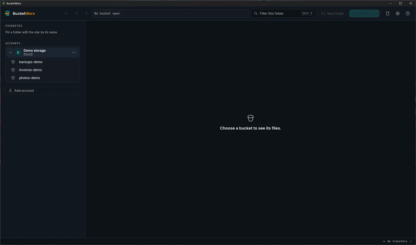 The sidebar with an account card open, listing three buckets.