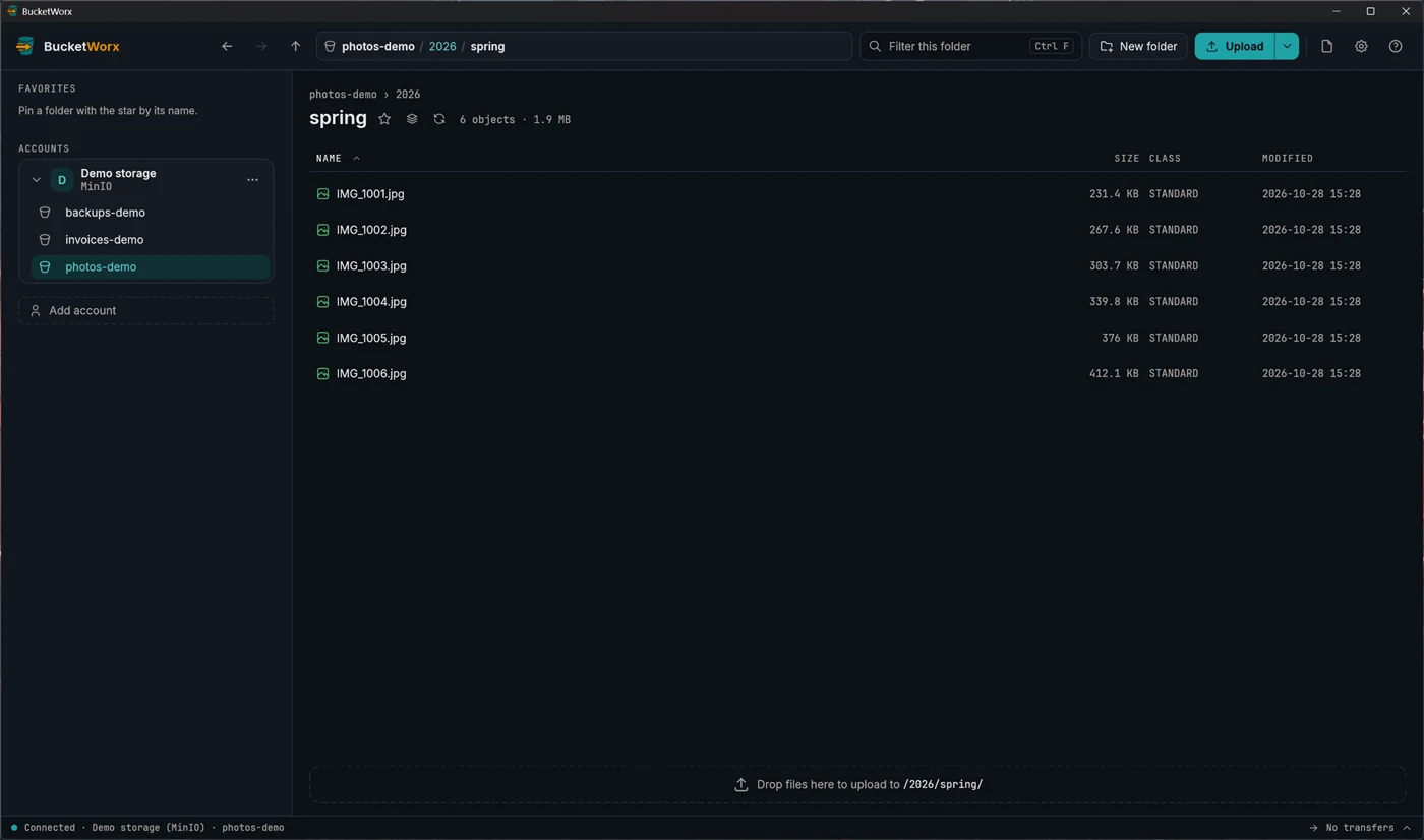 A folder listing showing six image files, with a path bar at the top and a Drop files here area at the bottom.