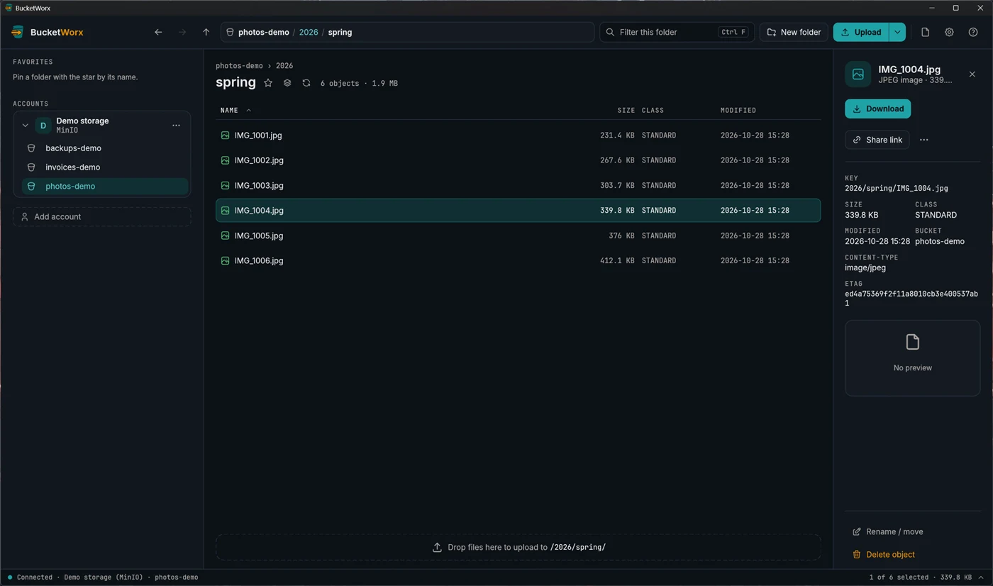 A file selected in the list, with the details panel open on the right showing a Share link button.