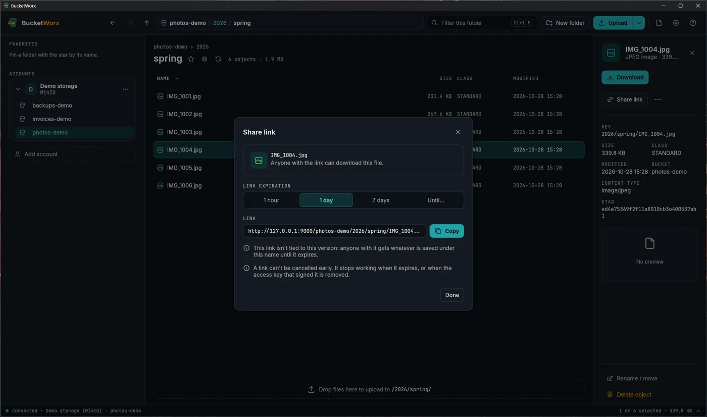 The Share link dialog with the one day option selected, a link, and a Copy button.