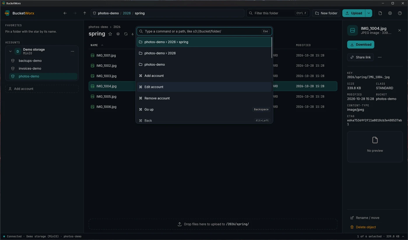 The command palette open, listing recent places and commands such as Add account, Edit account, Go up and Back, with their shortcuts.
