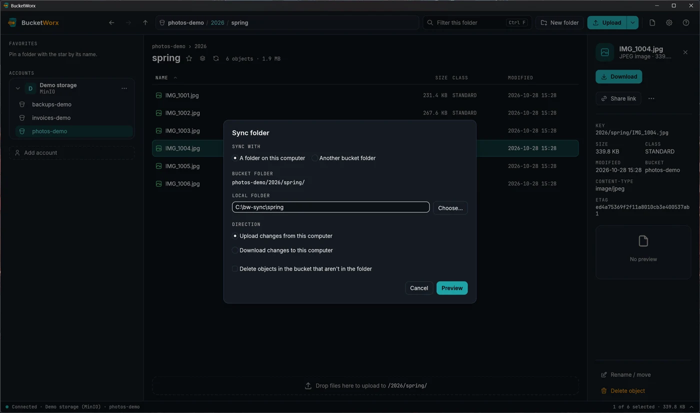 The Sync folder dialog, with a bucket folder, a local folder path, direction options and a Preview button.