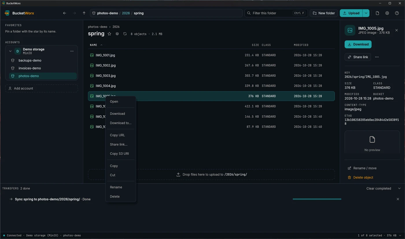 The right-click menu on a file, with Share link, Copy URL and Copy S3 URI.