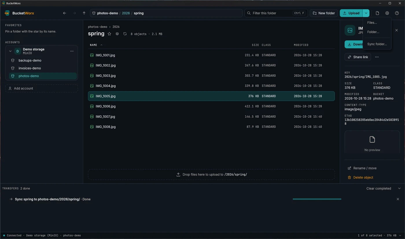 The Upload button's menu, open to show Files, Folder and Sync folder.