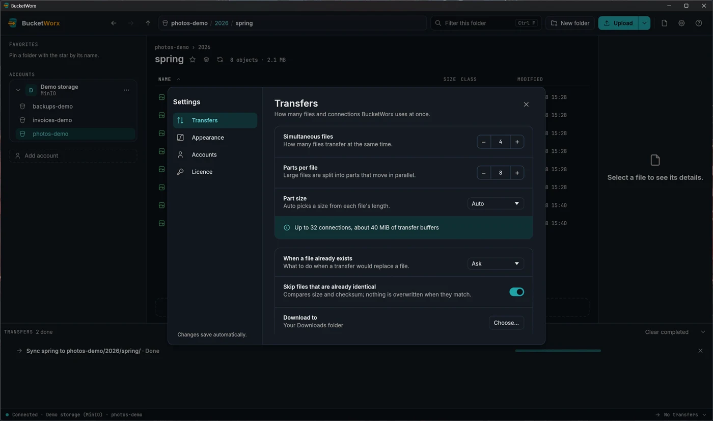 Settings, Transfers page: simultaneous files, parts per file, part size, what to do when a file already exists, skip identical files, and the download folder.