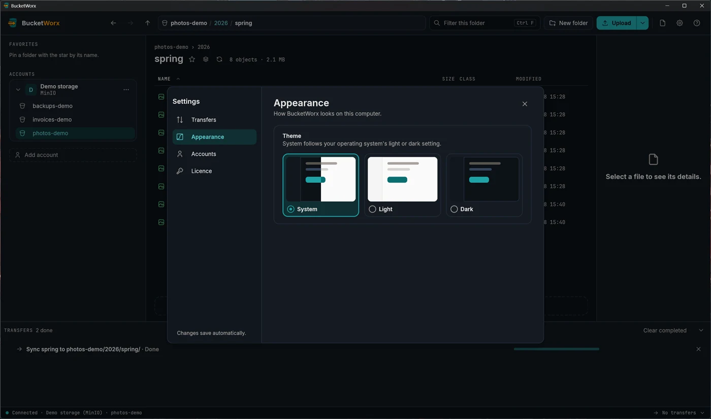 Settings, Appearance page, with System, Light and Dark theme choices.