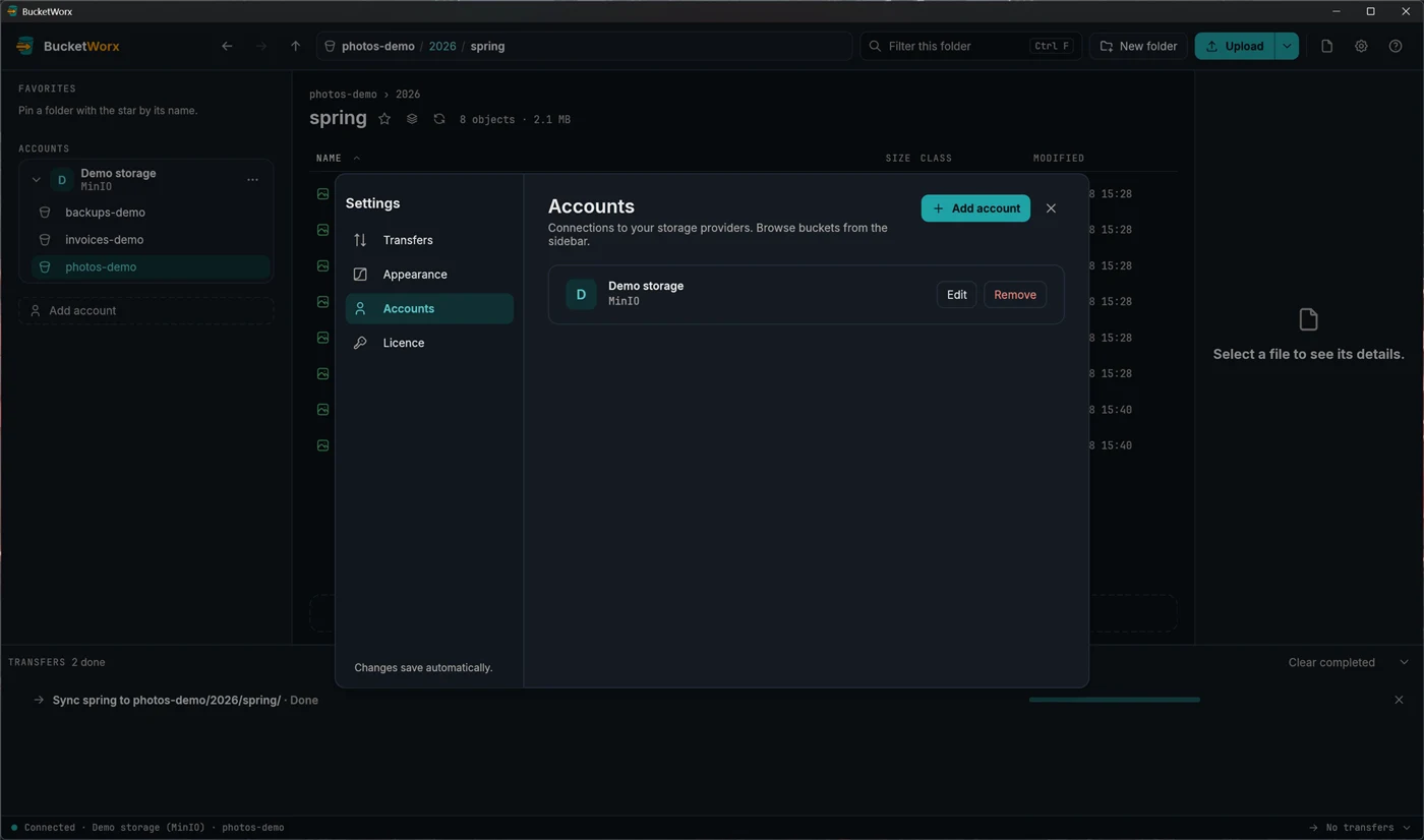 Settings, Accounts page, listing one account with Edit and Remove buttons and an Add account button.
