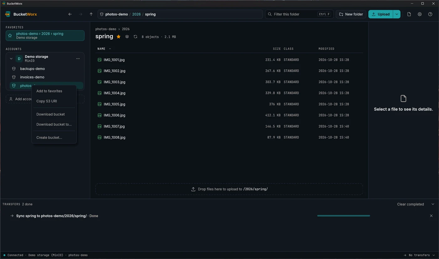 The right-click menu on a bucket: Add to favorites, Copy S3 URI, Download bucket, Download bucket to, Create bucket.