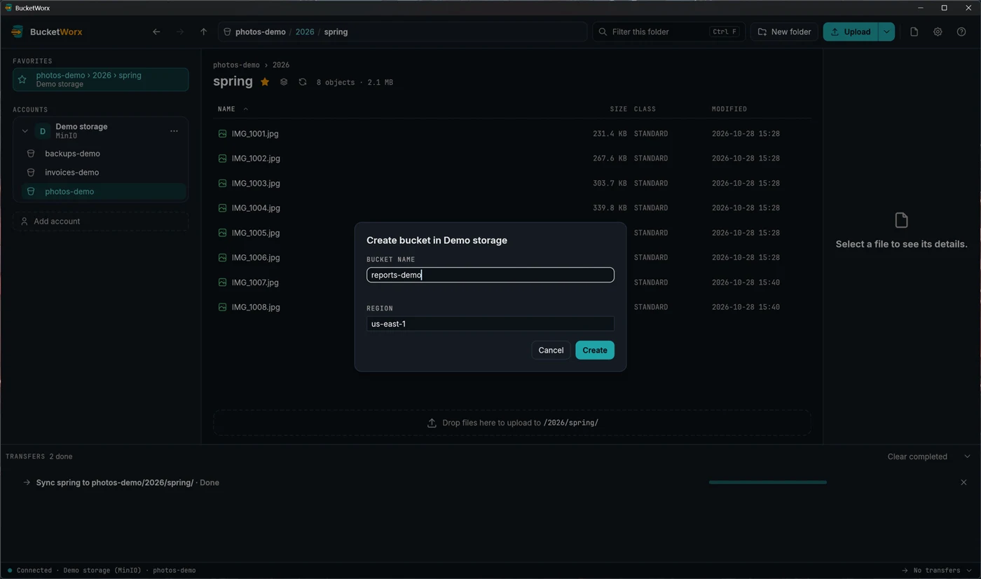 The Create bucket dialog with the valid name reports-demo and the Create button enabled.