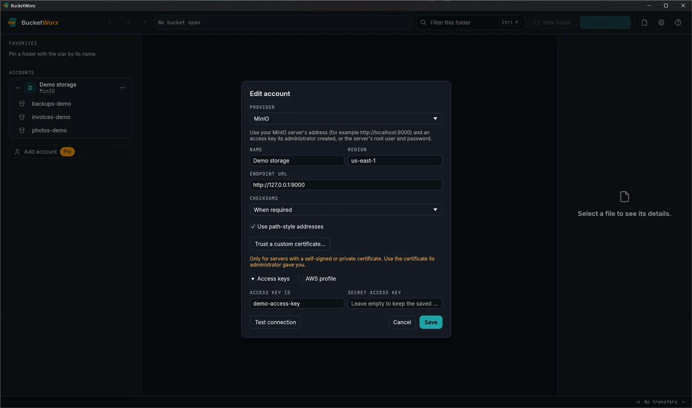 The account form for a MinIO server: provider, name, region, endpoint URL, checksums, path-style addresses, a Trust a custom certificate button, and access key fields.