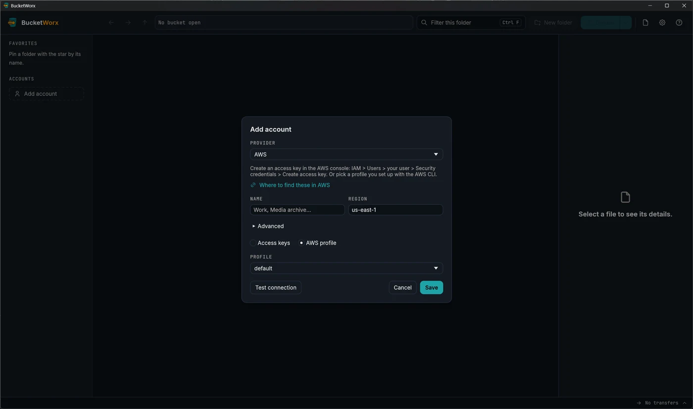The Add account form for AWS with the AWS profile option chosen and a profile picked from a drop-down.