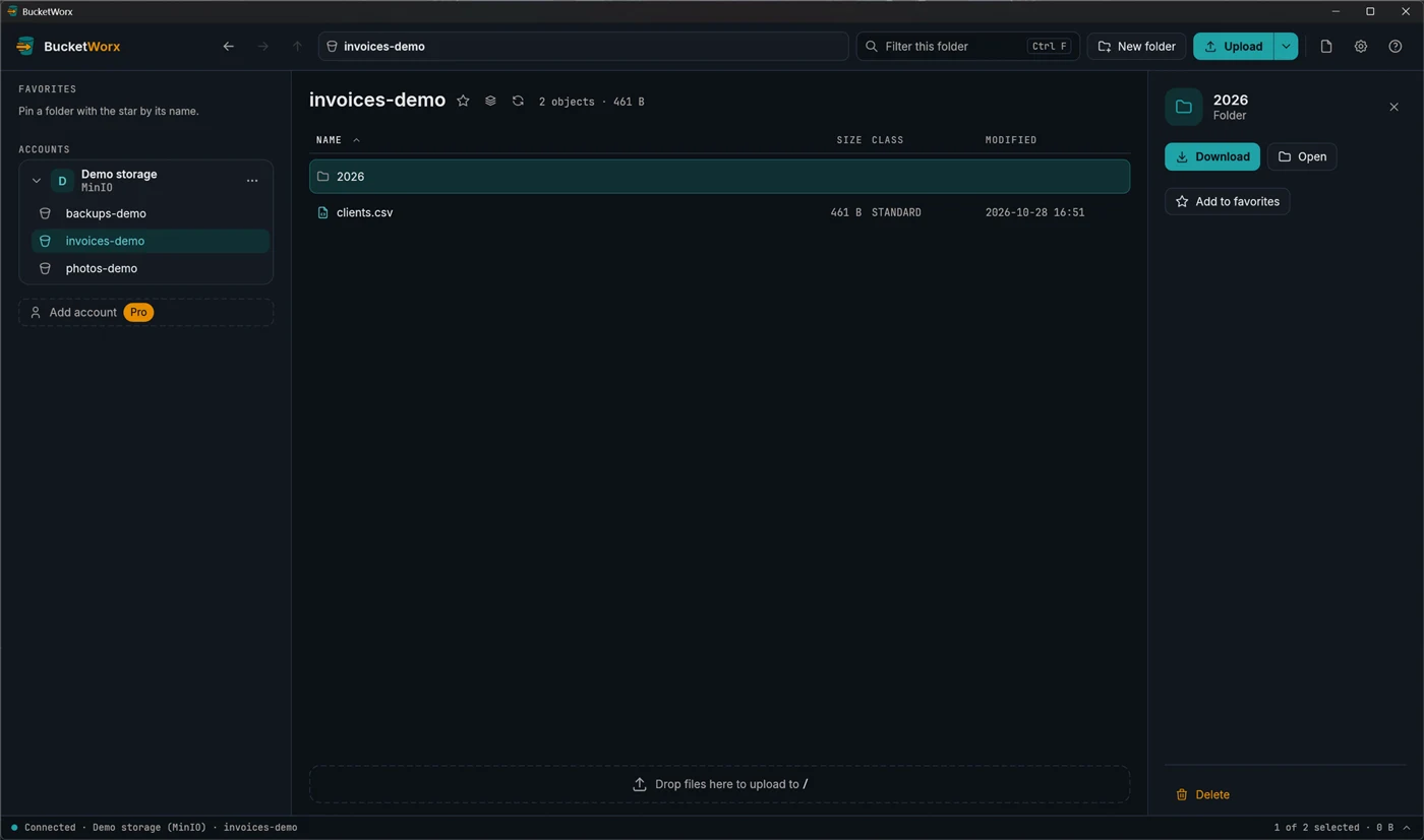 A folder selected, with the details panel offering Download, Open, Add to favorites and Delete.