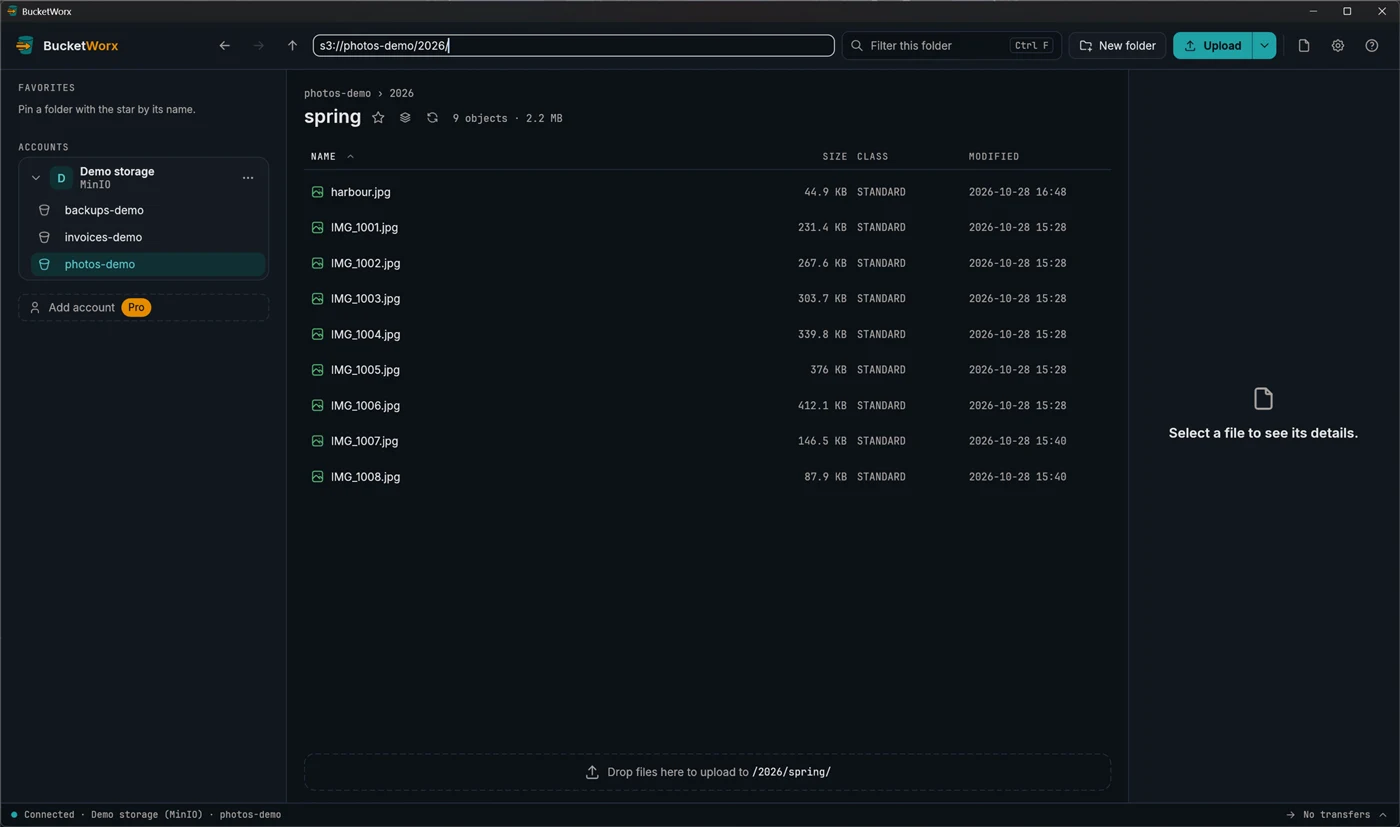 The path bar in edit mode with s3://photos-demo/2026/ typed in it.