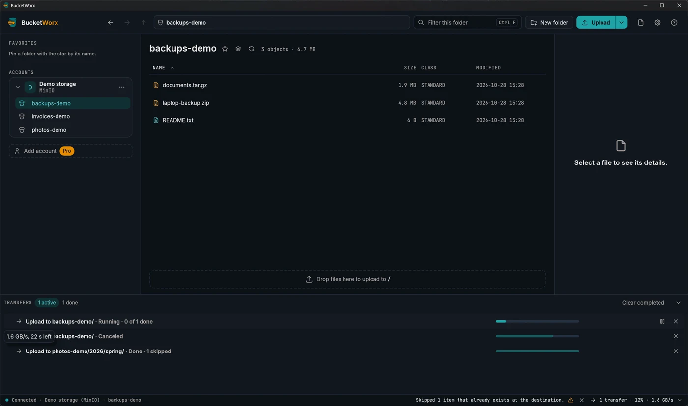 The transfers drawer with an upload running, a progress bar, a speed and time left tooltip, and pause and cancel buttons.