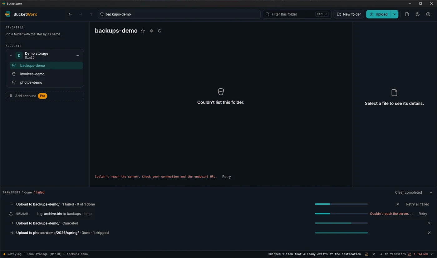 The transfers drawer with a failed upload showing the message Couldn't reach the server, a Retry button and Retry all failed.