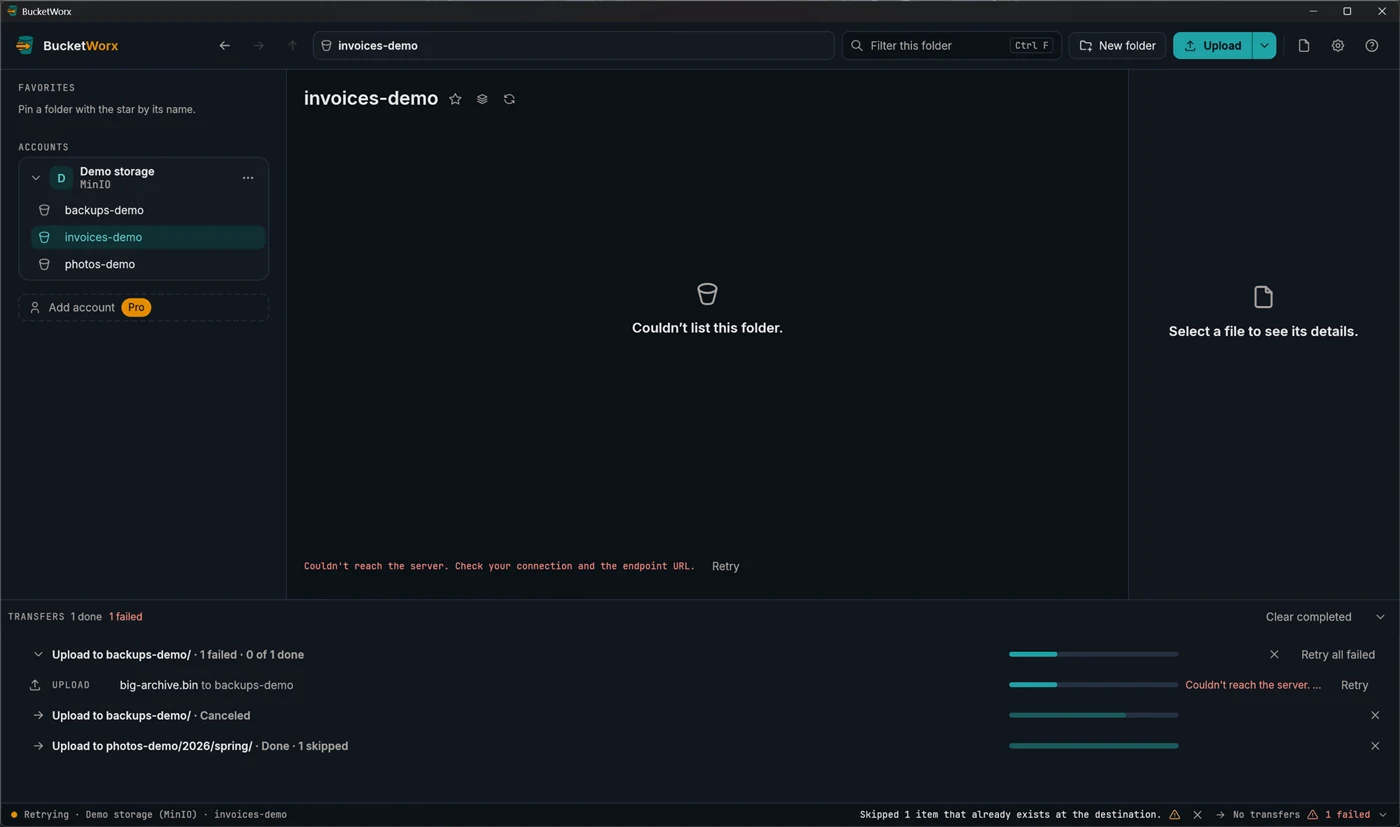 The status bar showing a Retrying connection dot while the server can't be reached, and a folder that couldn't be listed with a Retry link.