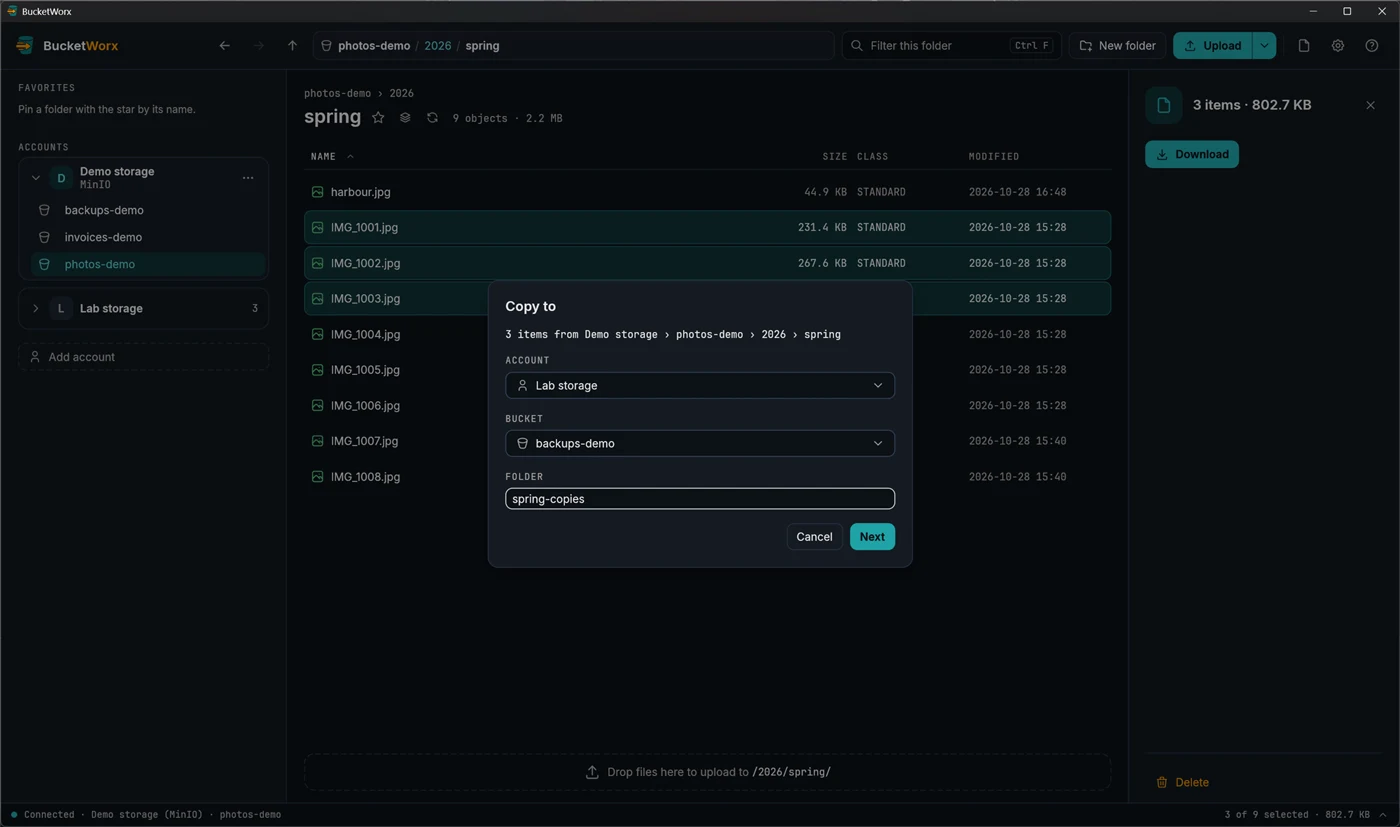 The Copy to dialog, naming three items and offering an account, a bucket and a folder.