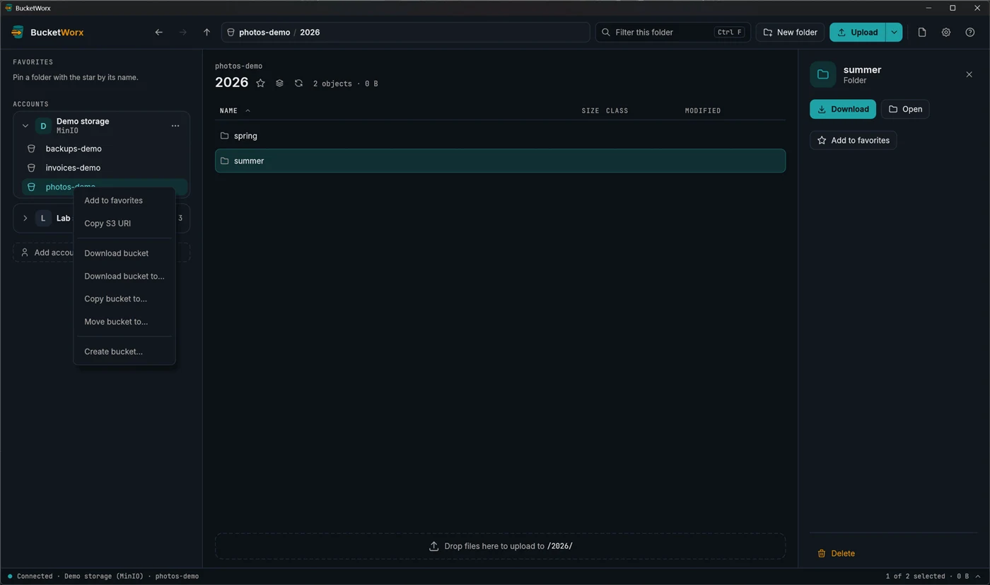 A bucket's right-click menu with Copy bucket to and Move bucket to.