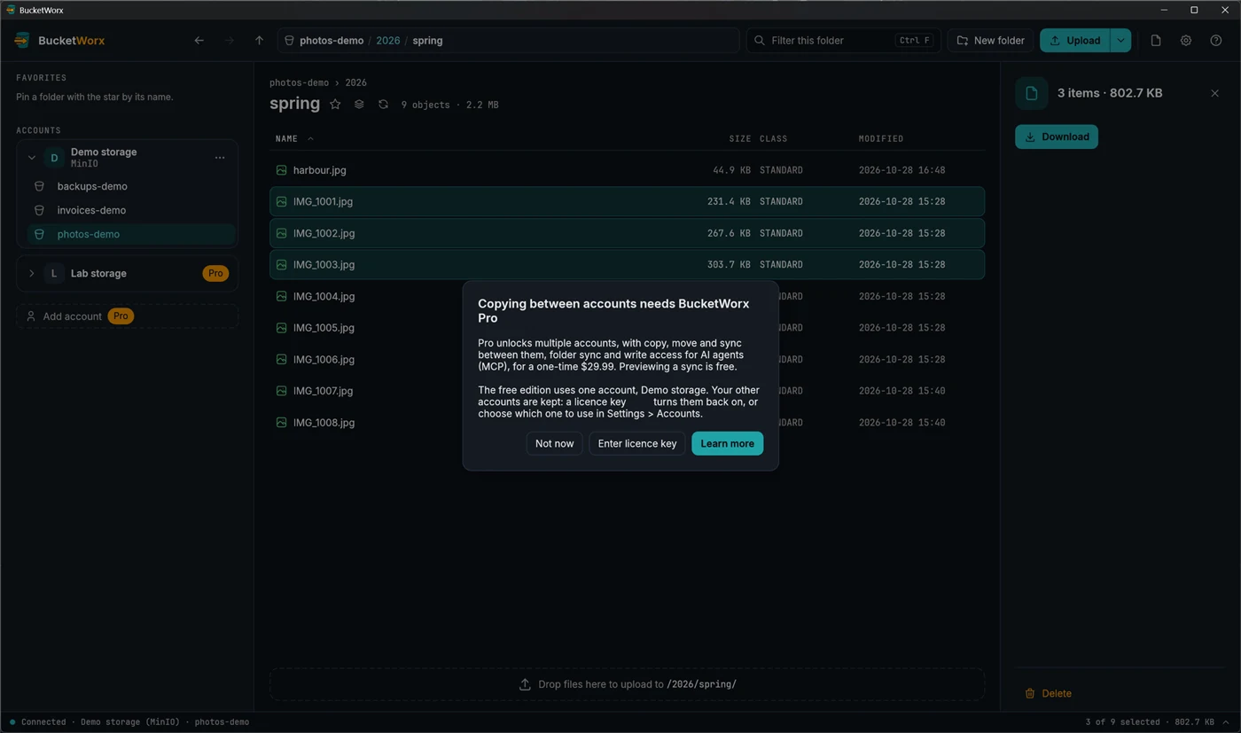 The Copying between accounts needs BucketWorx Pro prompt, with Not now, Enter licence key and Learn more buttons.