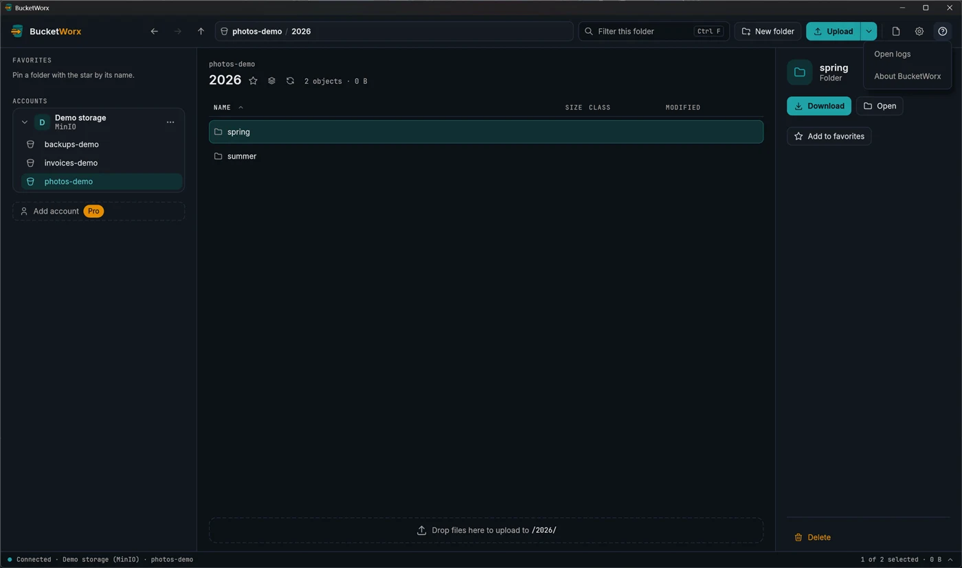 The help menu at the top right with Open logs and About BucketWorx.