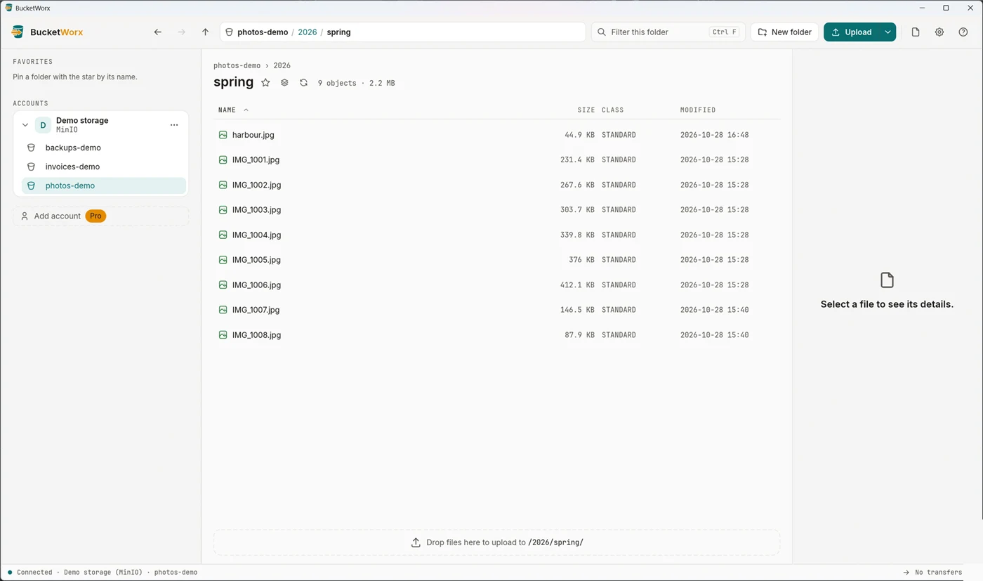 The BucketWorx window in the light theme, showing a folder of picture files.
